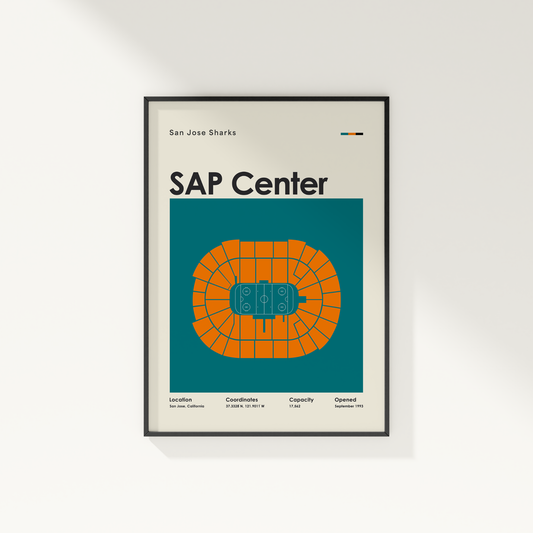 Framed poster of SAP Center with San Jose Sharks branding on a white wall.
