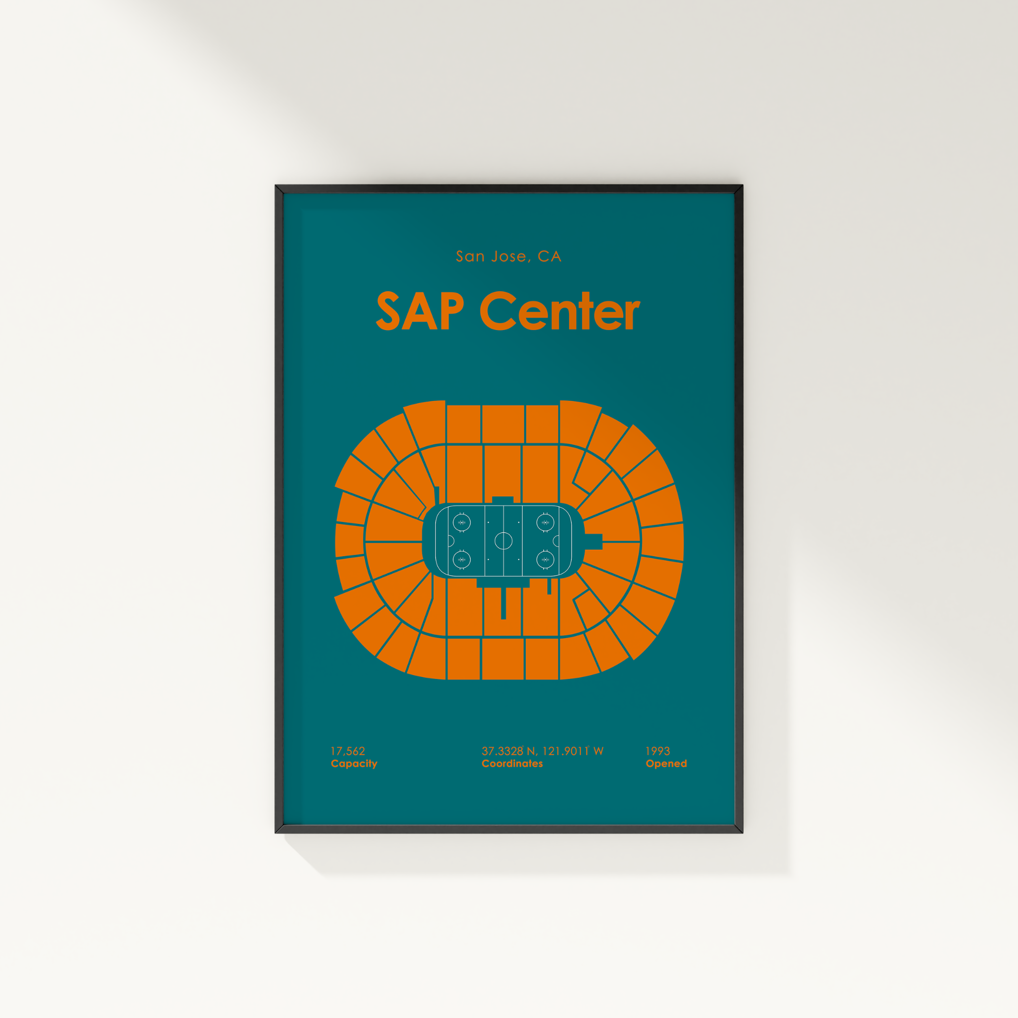 Framed poster of SAP Center layout with teal background and orange text