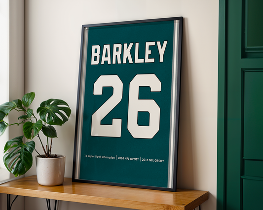 Framed poster with 'Barkley 26' on a wooden shelf with a plant