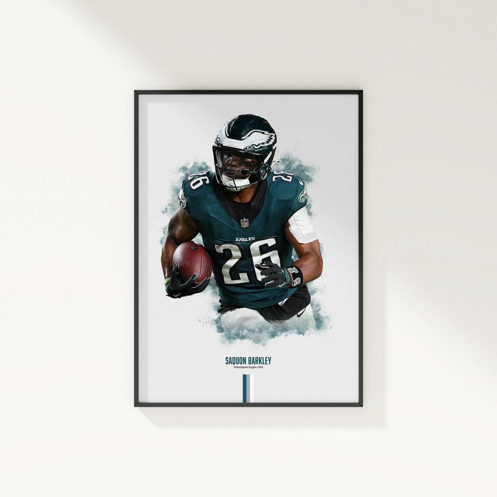 framed poster mockup of football player saquon barkley hanging on a white wall