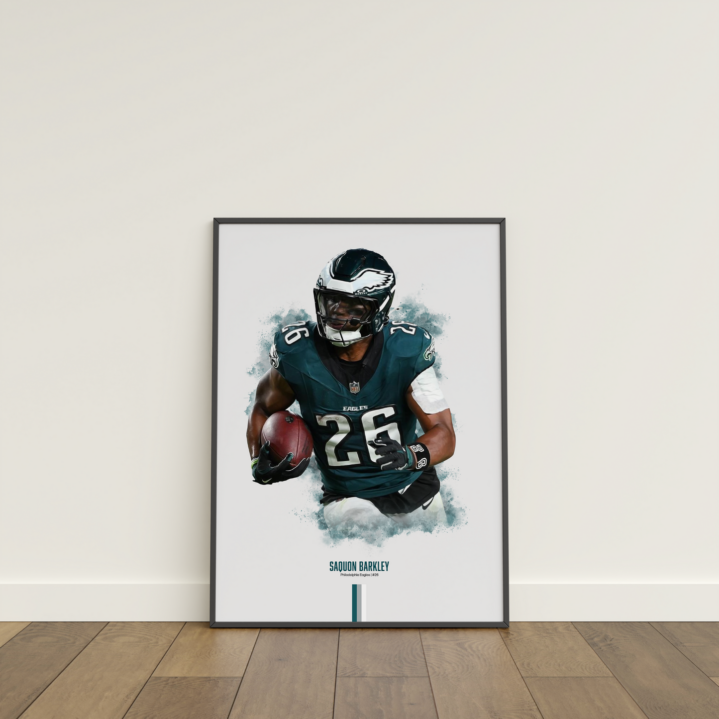 framed poster mockup of football player saquon barkley leaning on a white wall