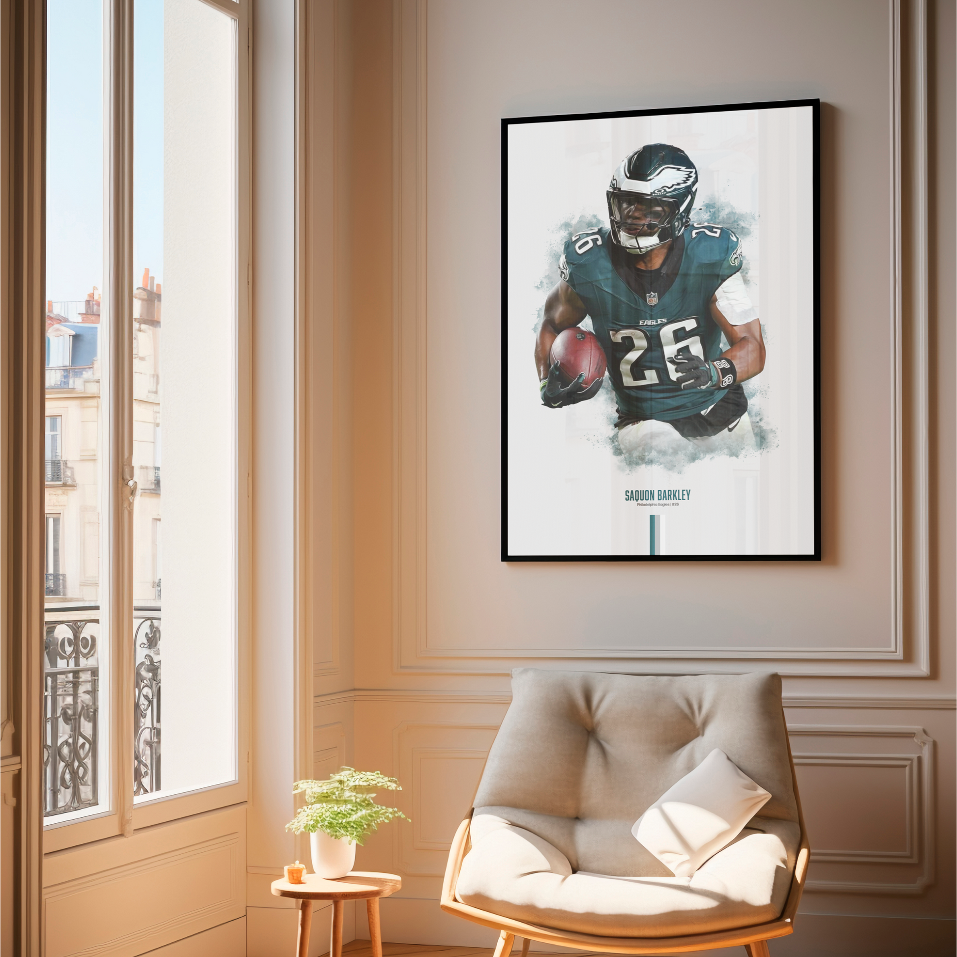 framed poster mockup of football player saquon barkley hanging in a living room