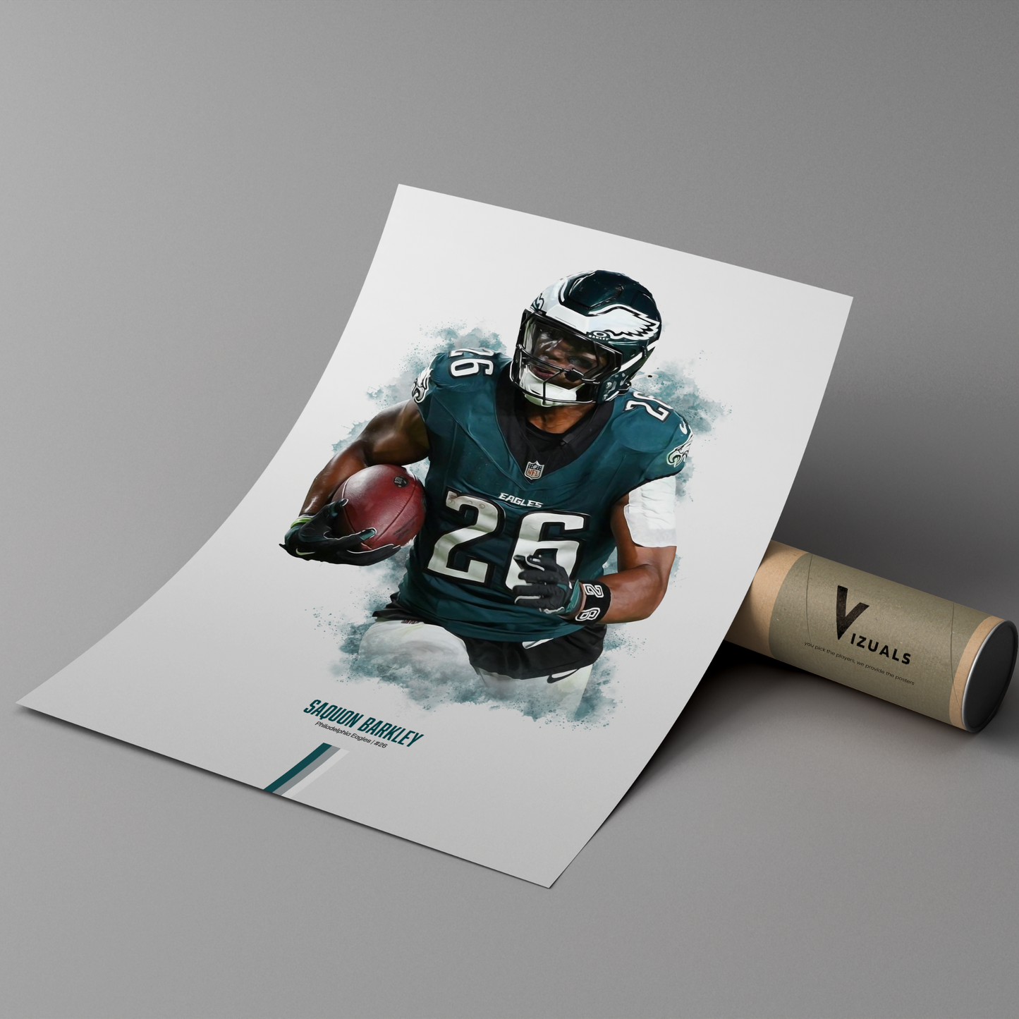 poster mockup of football player saquon barkley leaning on a cardboard tube