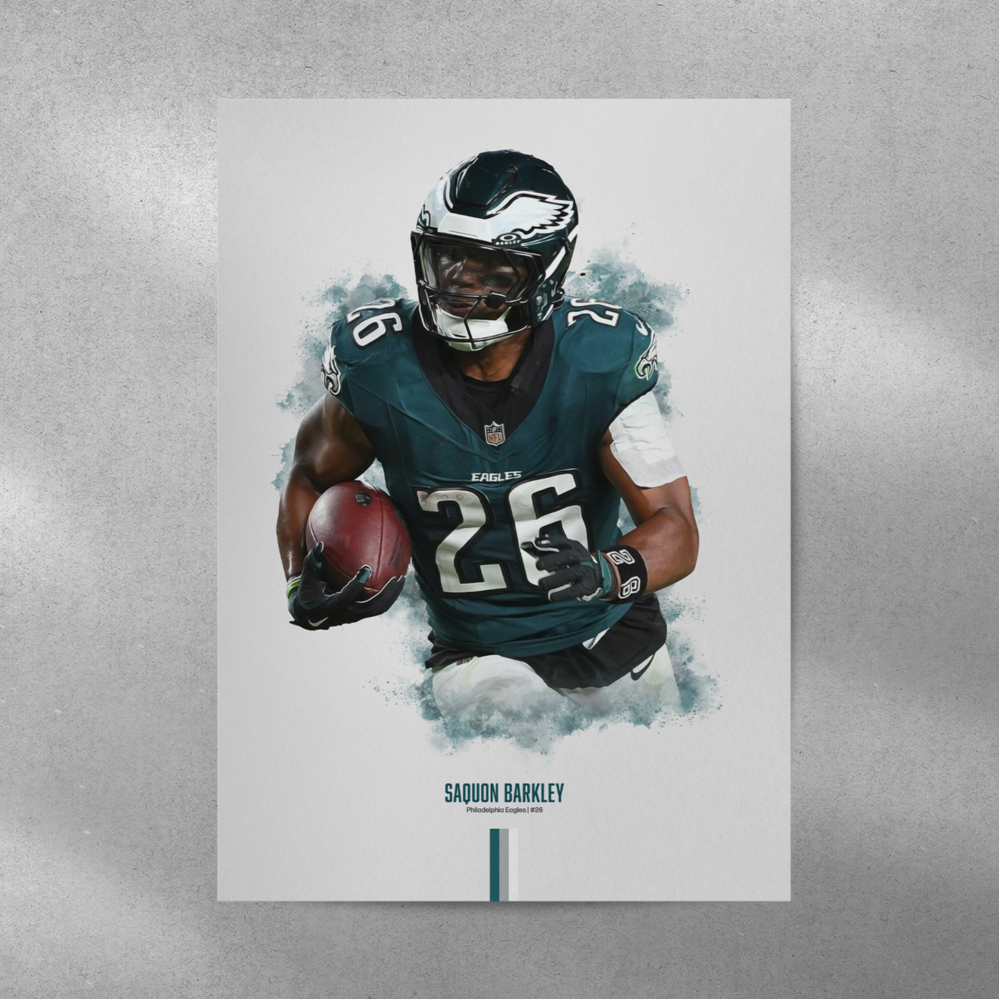 poster mockup of football player saquon barkley on a grey wall