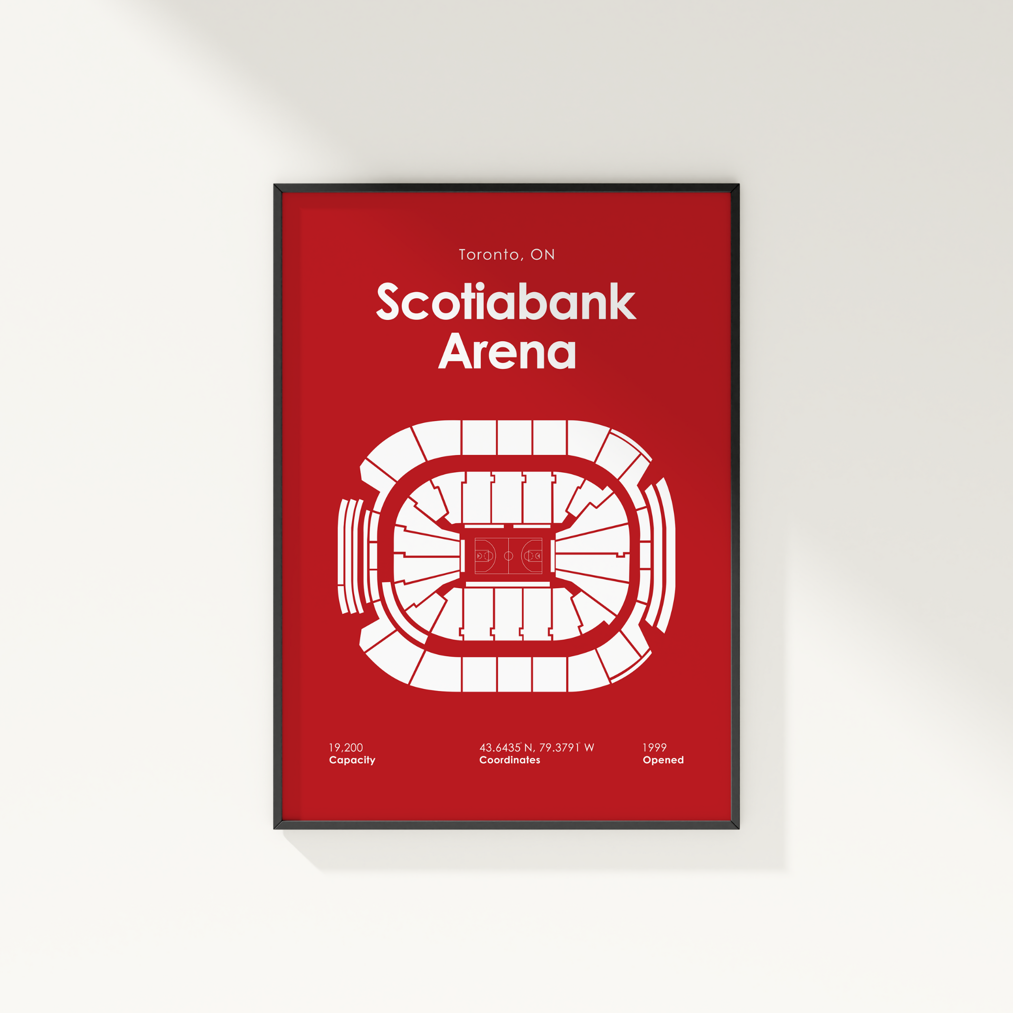 Framed poster of Scotiabank Arena with red background and white text