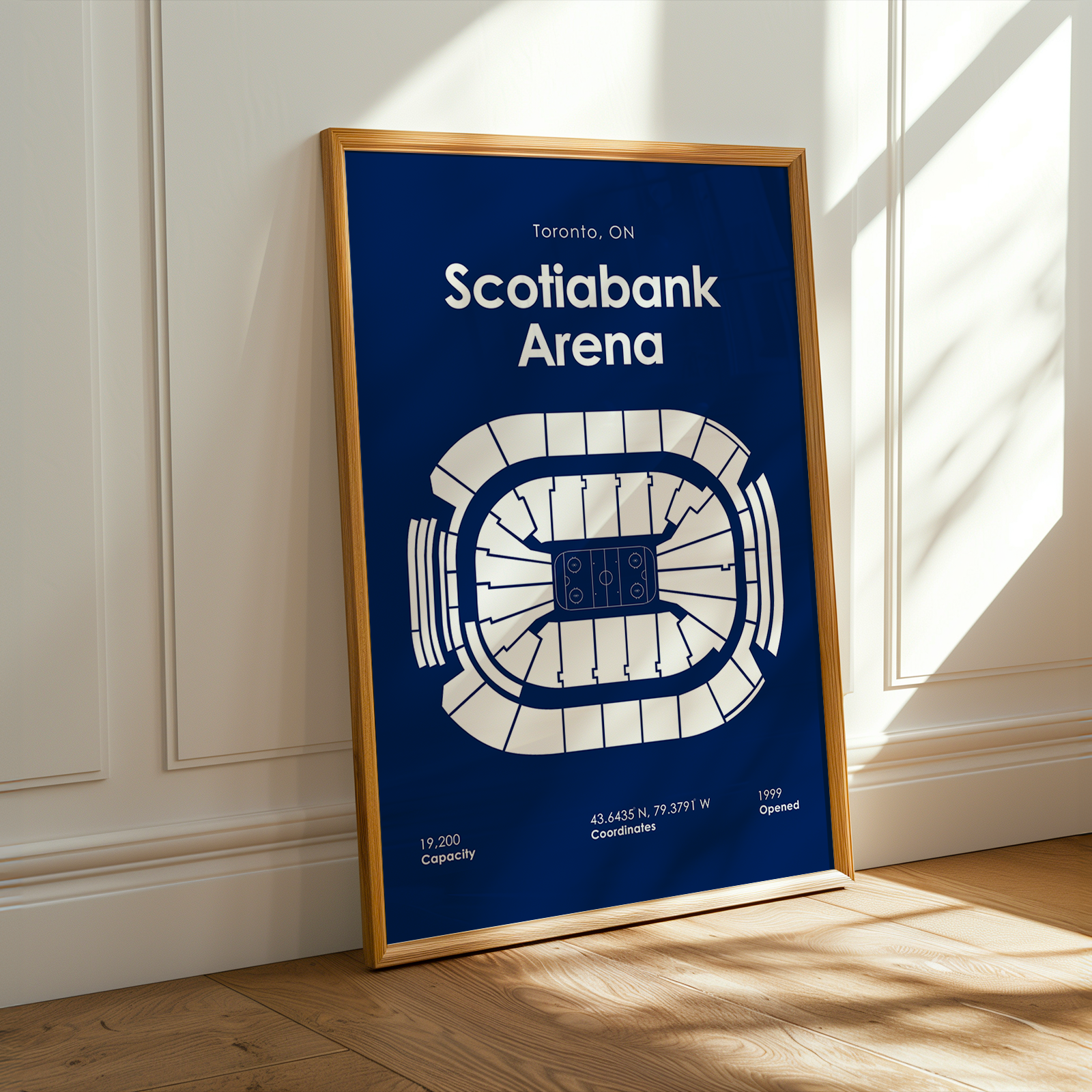 Framed poster of Scotiabank Arena with blue background and white text