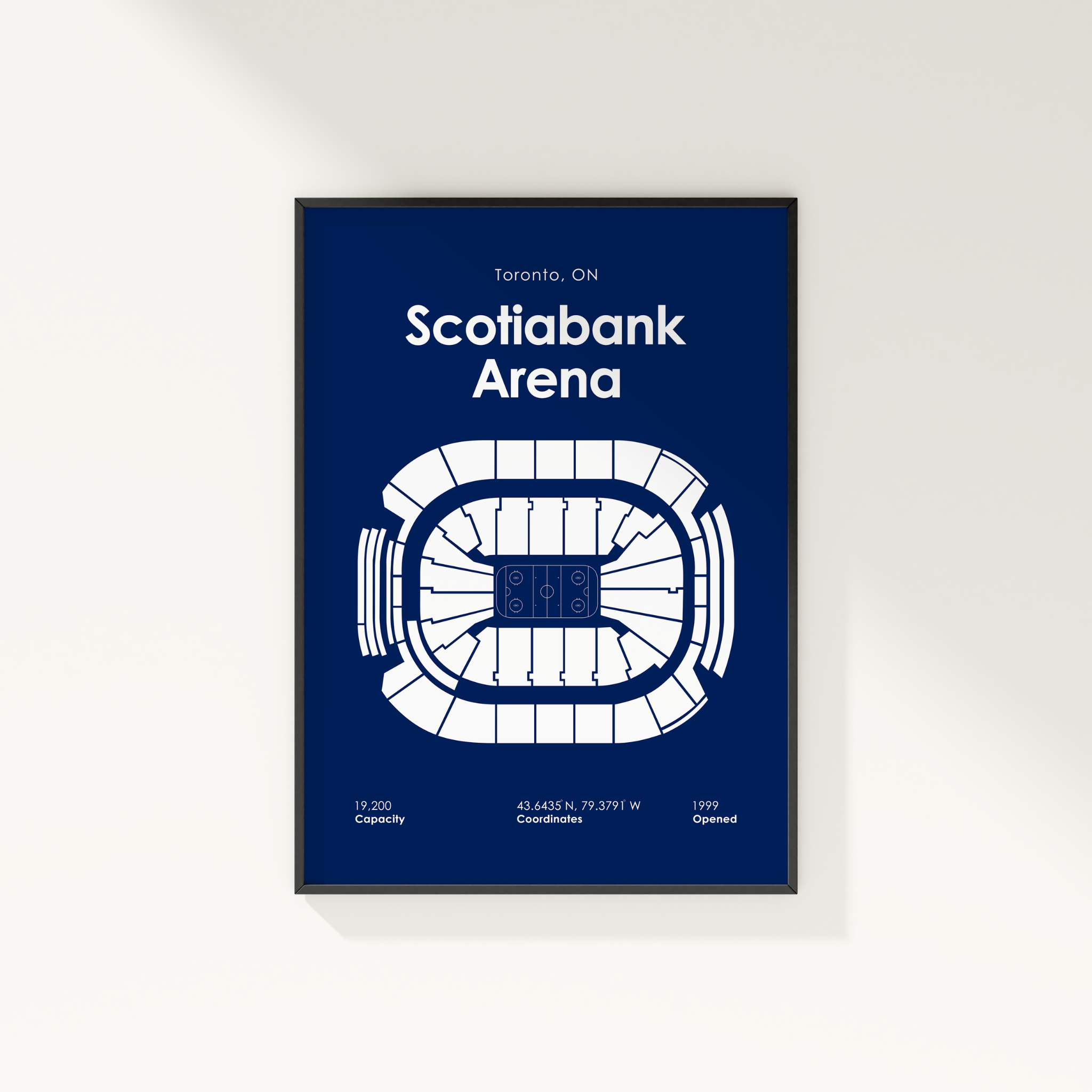 Framed poster of Scotiabank Arena with architectural design on a blue background
