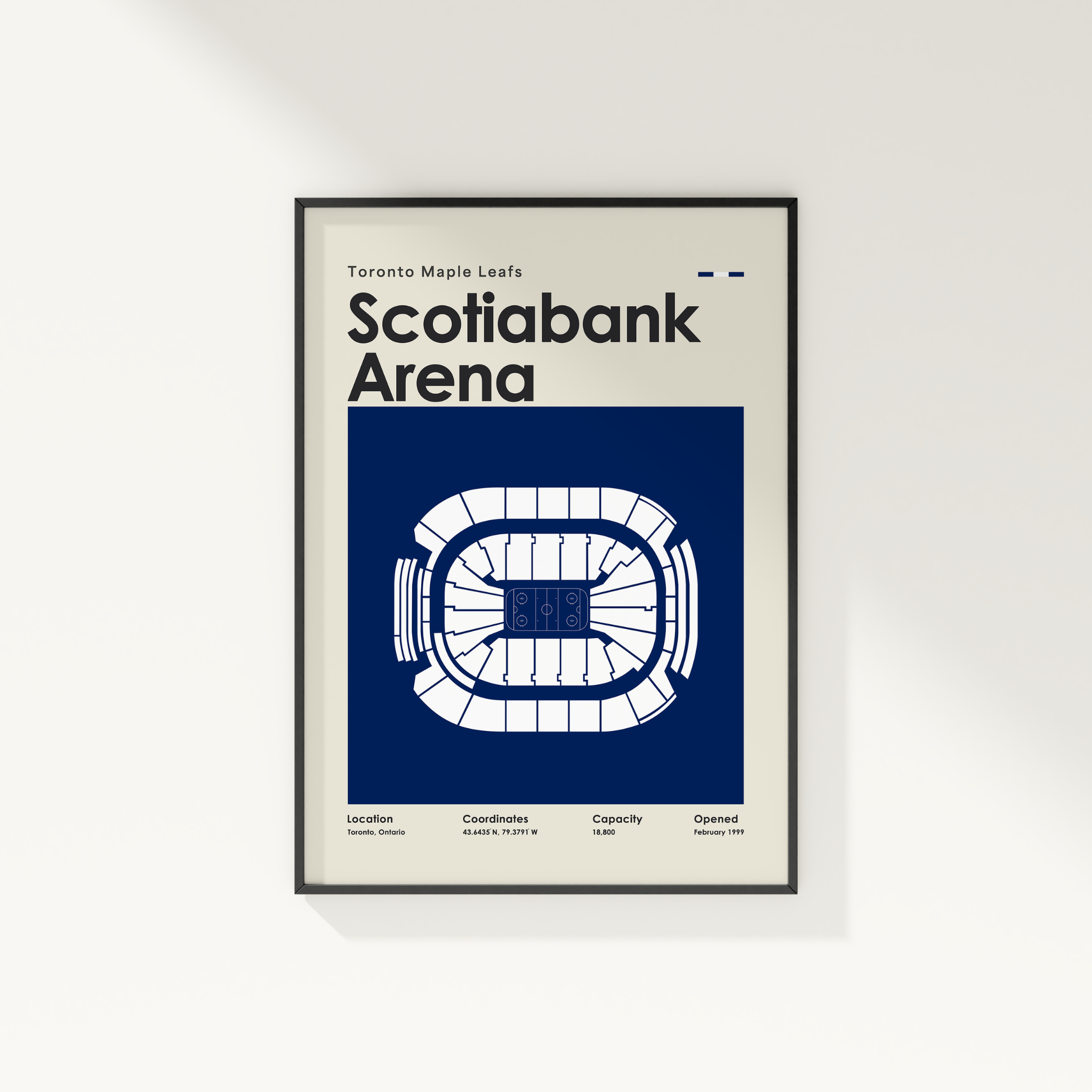 Framed poster of Scotiabank Arena with Toronto Maple Leafs branding on a white wall.