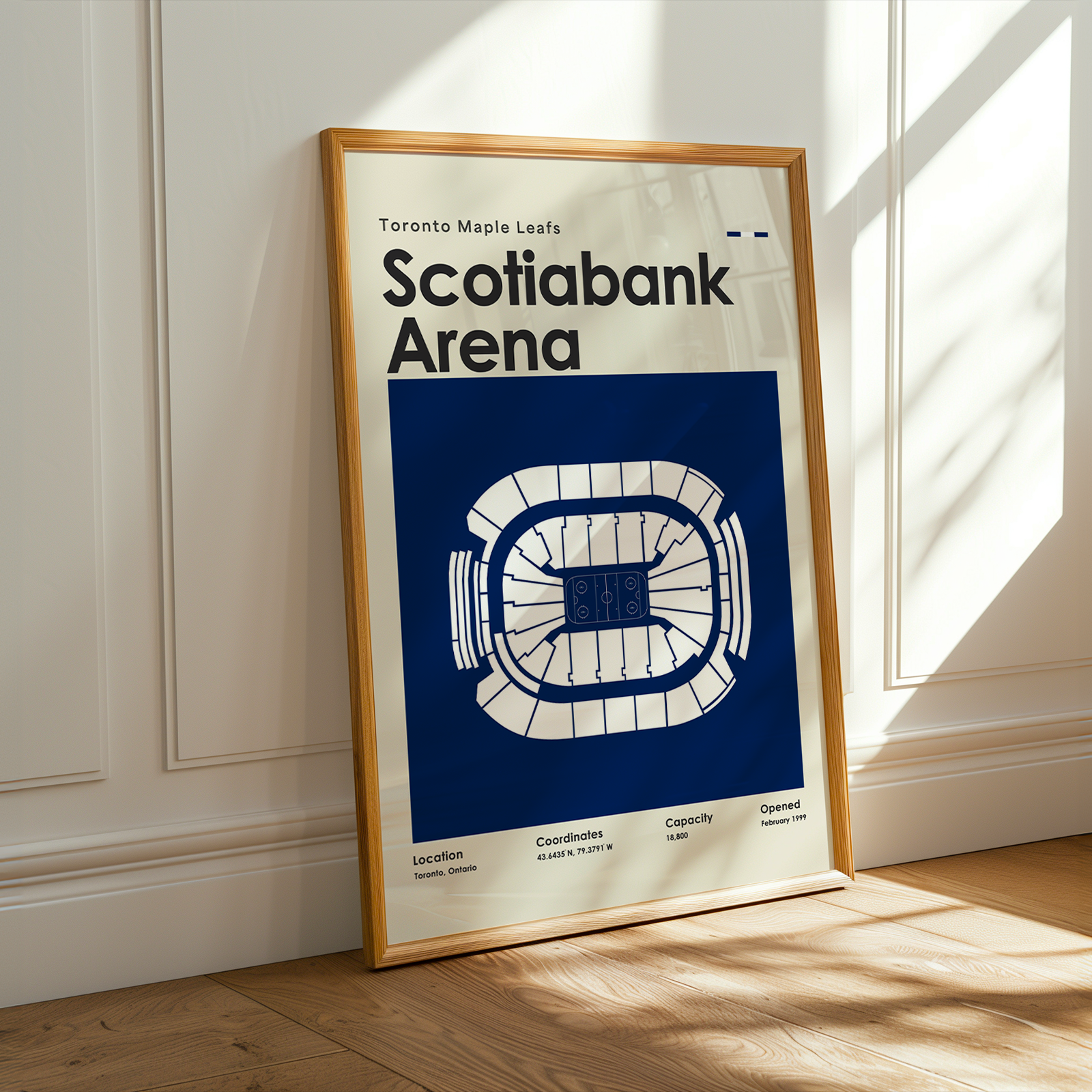 Framed poster of Scotiabank Arena on a wall with sunlight casting shadows.