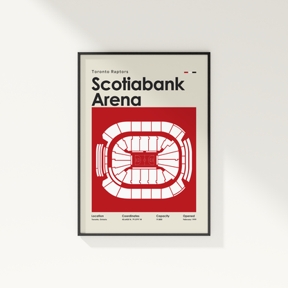 Framed poster of Scotiabank Arena with Toronto Raptors branding on a white wall.