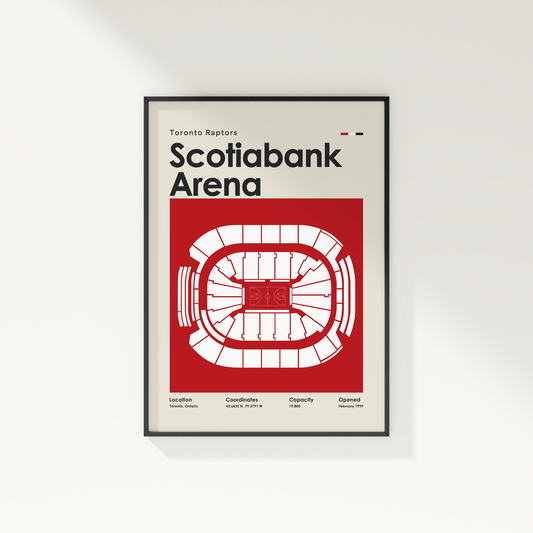 Framed poster of Scotiabank Arena with Toronto Raptors branding on a white wall.
