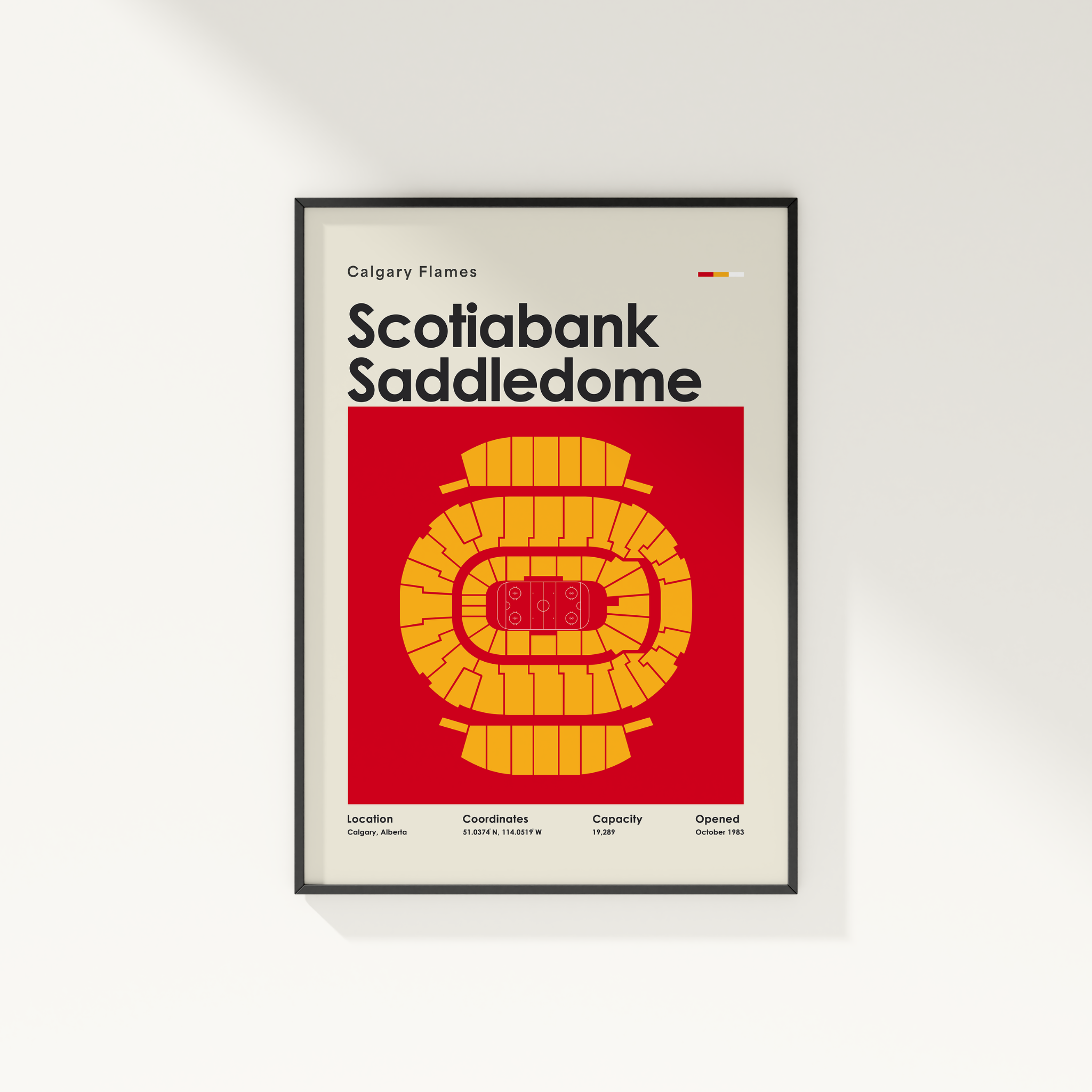 Framed poster of Scotiabank Saddledome with Calgary Flames text on a white background