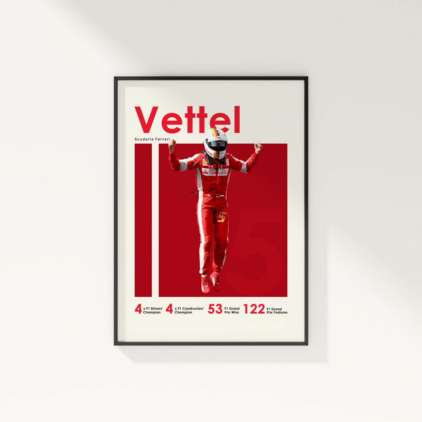 framed poster mockup of formula 1 driver sebastian vettel hanging on a white wall