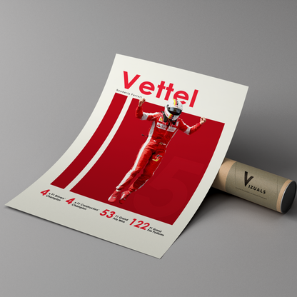 poster mockup of formula 1 driver sebastian vettel leaning on a cardboard tube