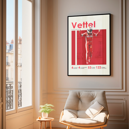 framed poster mockup of formula 1 driver sebastian vettel hanging in a living room