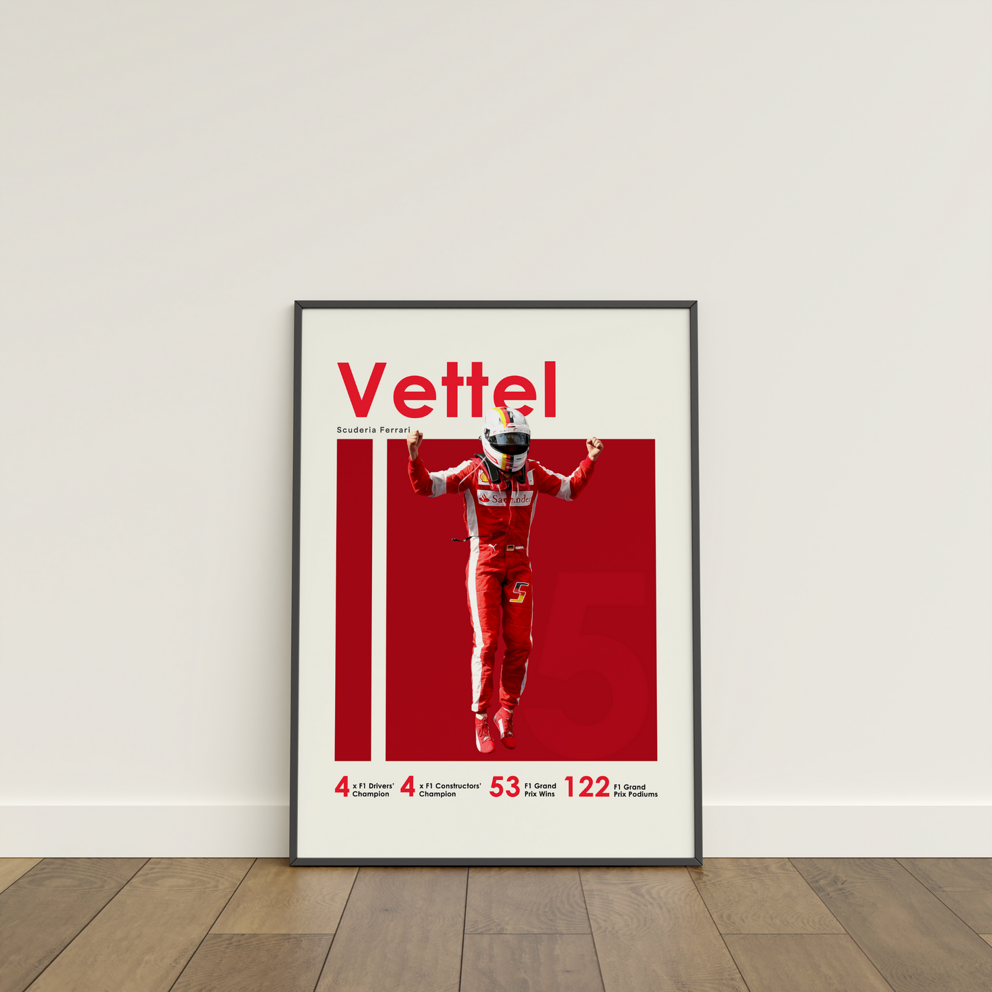 framed poster mockup of formula 1 driver sebastian vettel leaning on a white wall