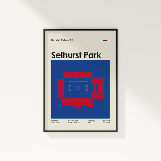Framed poster of Selhurst Park stadium layout for Crystal Palace FC on a white wall.