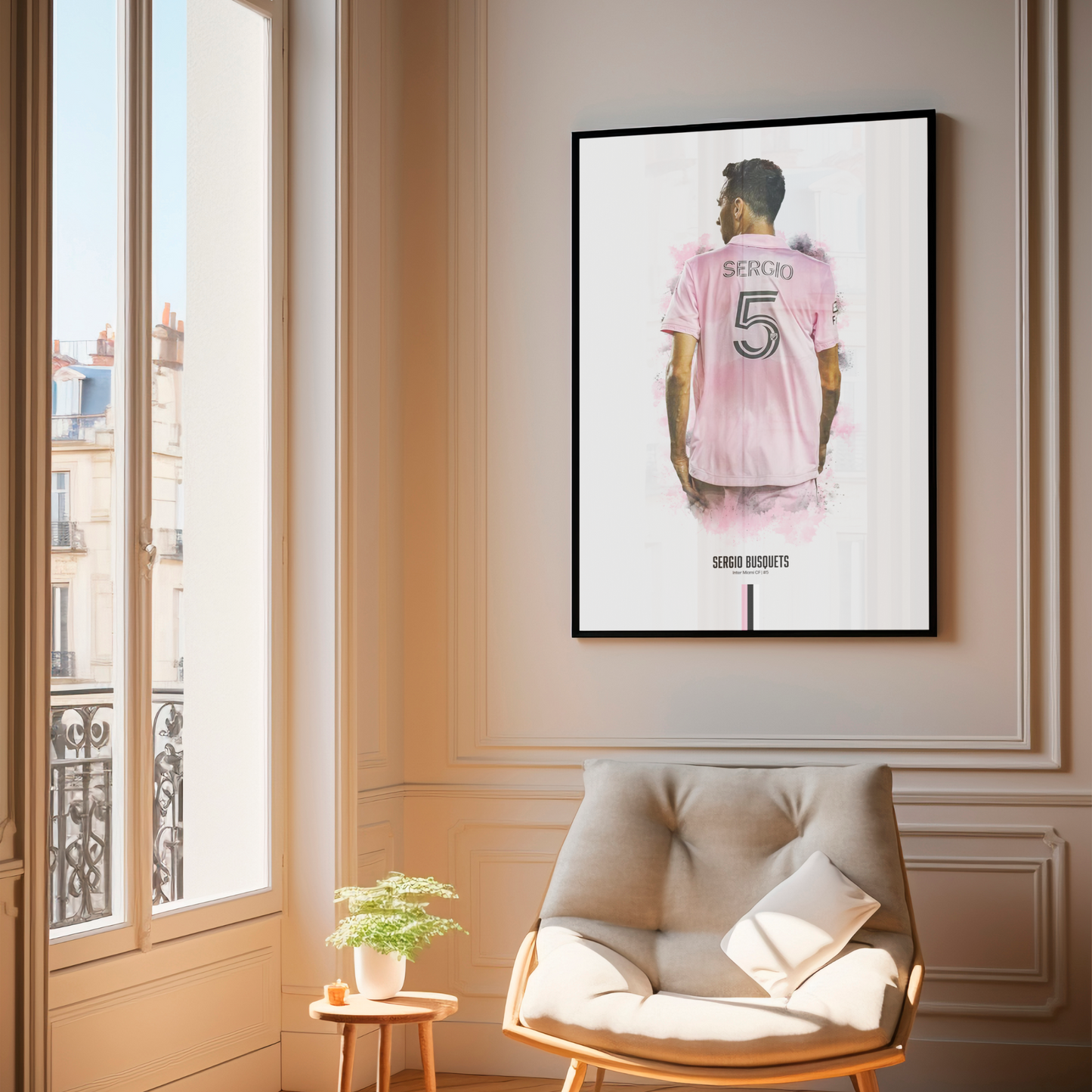 framed poster mockup of soccer player sergio busquets hanging in a living room