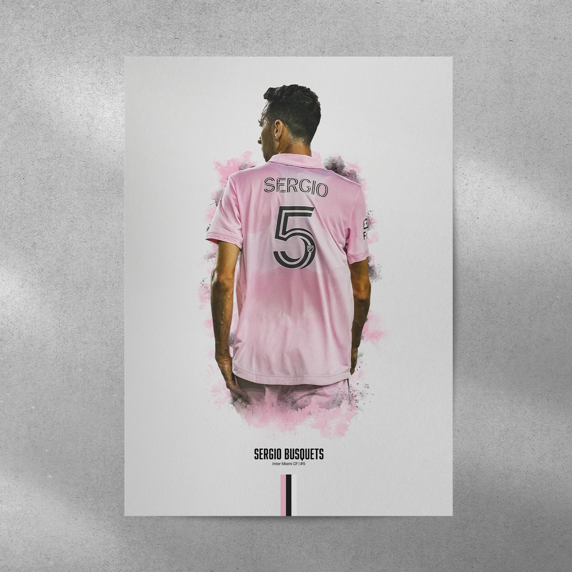 poster mockup of soccer player sergio busquets on a grey wall