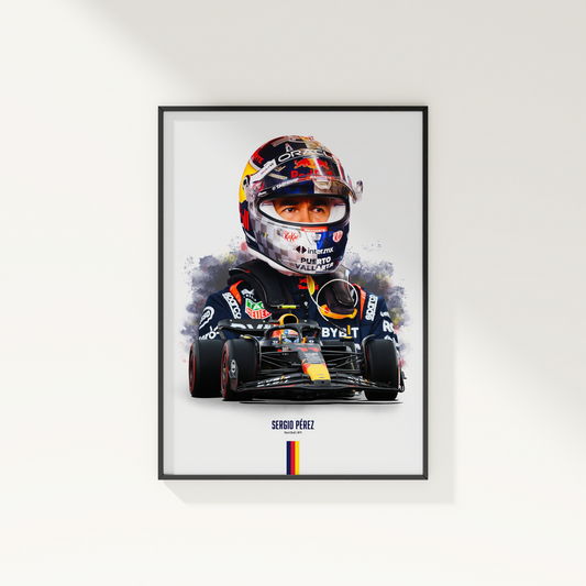 framed poster mockup of formula 1 driver sergio perez hanging on a white wall