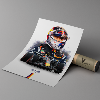 poster mockup of formula 1 driver sergio perez leaning on a cardboard tube