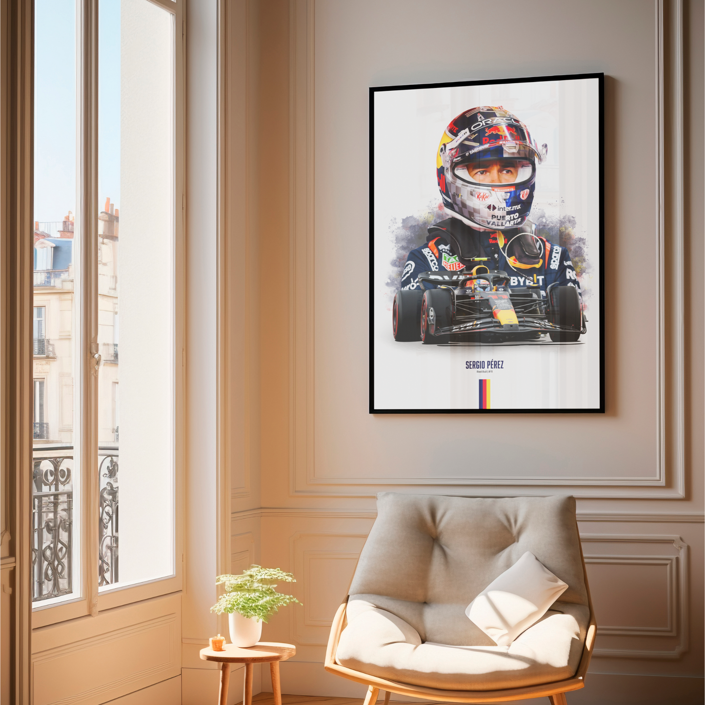 framed poster mockup of formula 1 driver sergio perez hanging in a living room