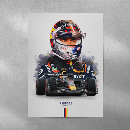 poster mockup of formula 1 driver sergio perez on a grey wall