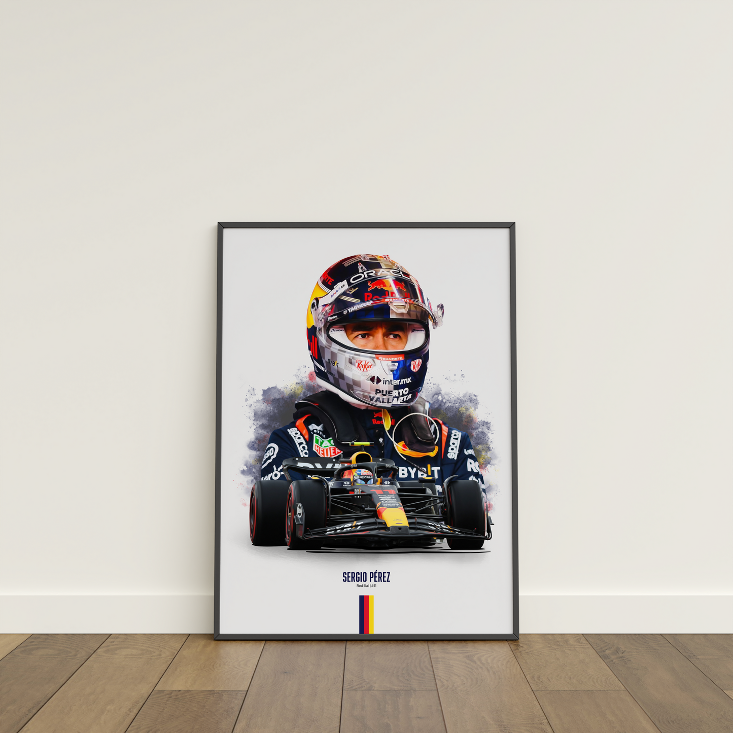 framed poster mockup of formula 1 driver sergio perez leaning on a white wall