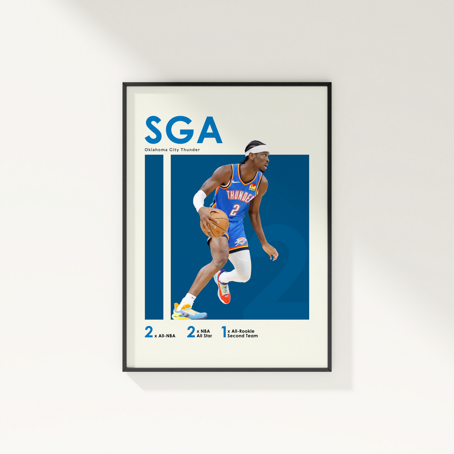 framed poster mockup of basketball player shai gilgeous-alexander hanging on a white wall