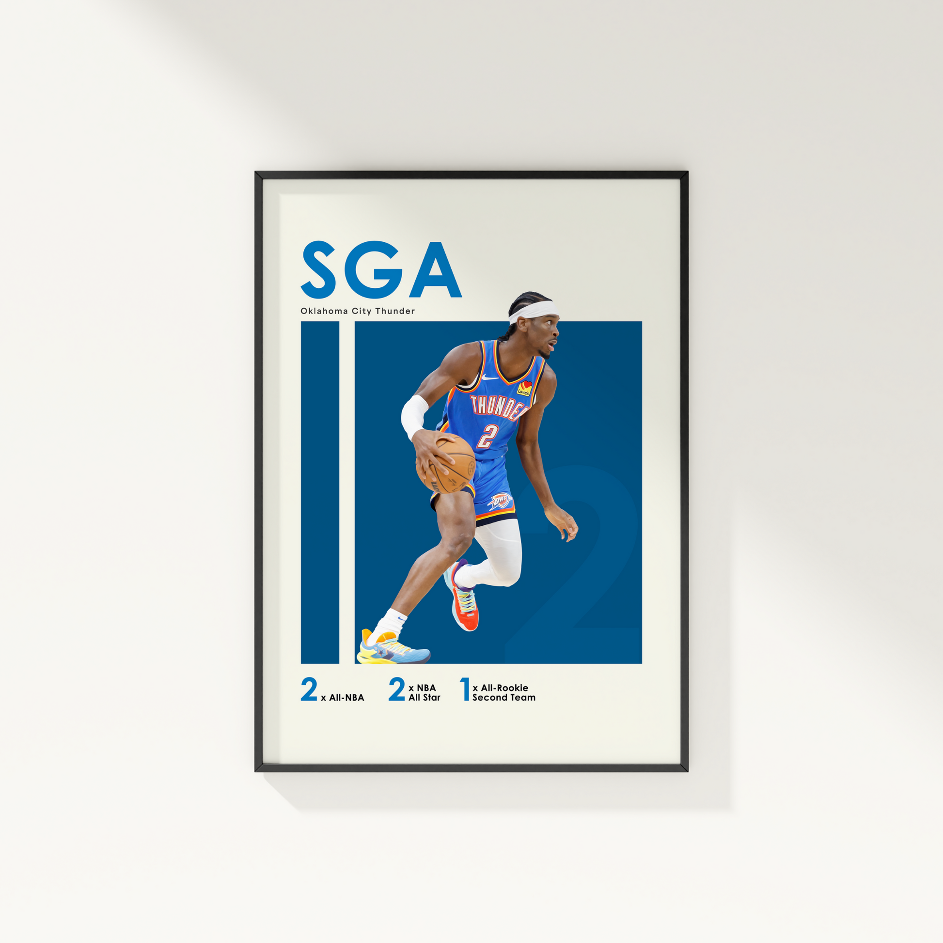 framed poster mockup of basketball player shai gilgeous-alexander hanging on a white wall