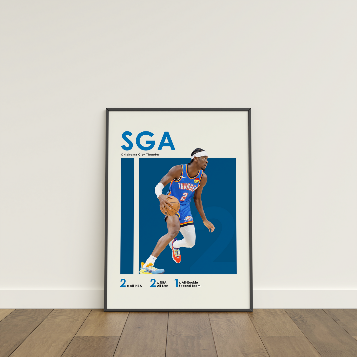 framed poster mockup of basketball player shai gilgeous-alexander leaning on a white wall