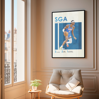 framed poster mockup of basketball player shai gilgeous-alexander hanging in a living room