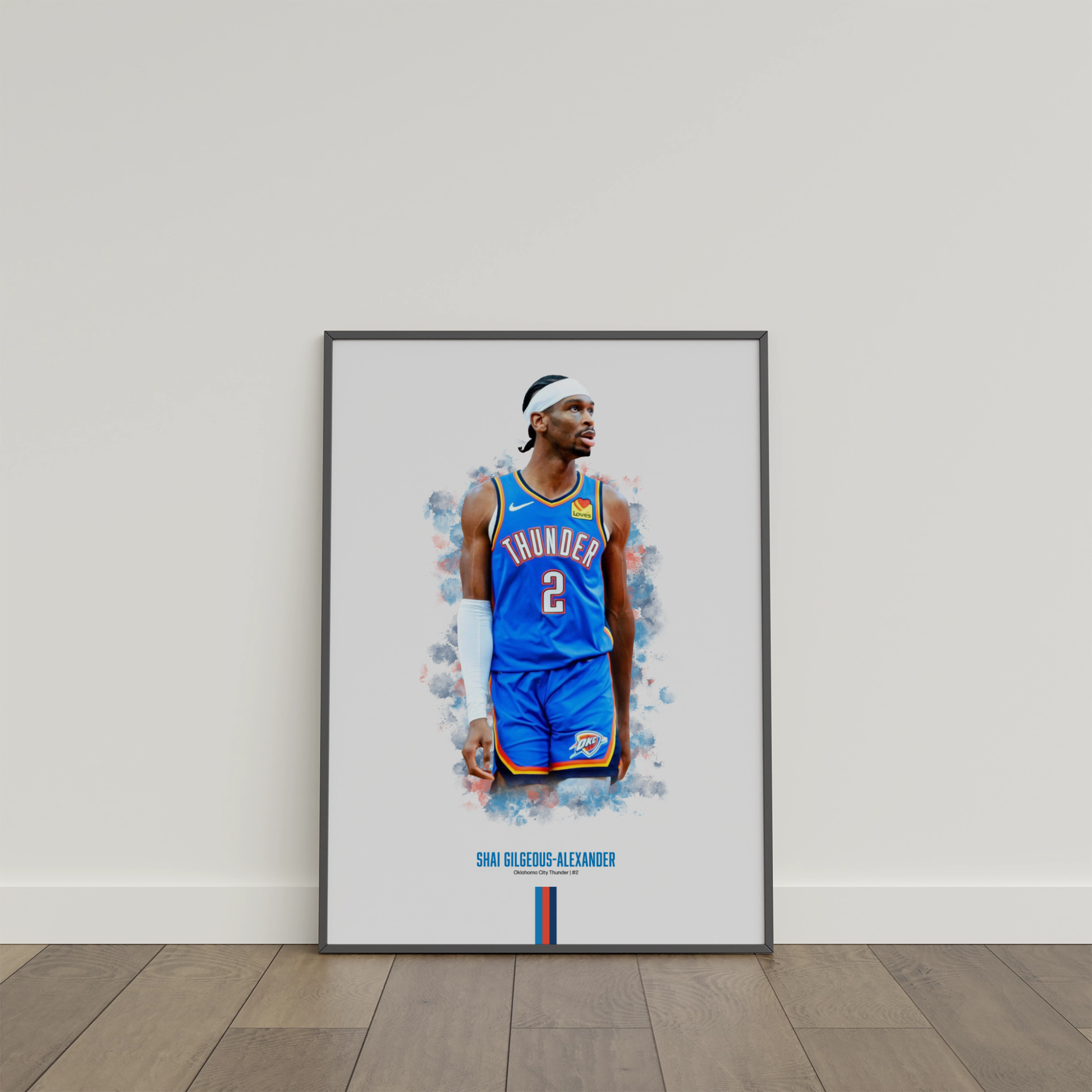 framed poster mockup of basketball player shai gligeous-alexander leaning on a white wall