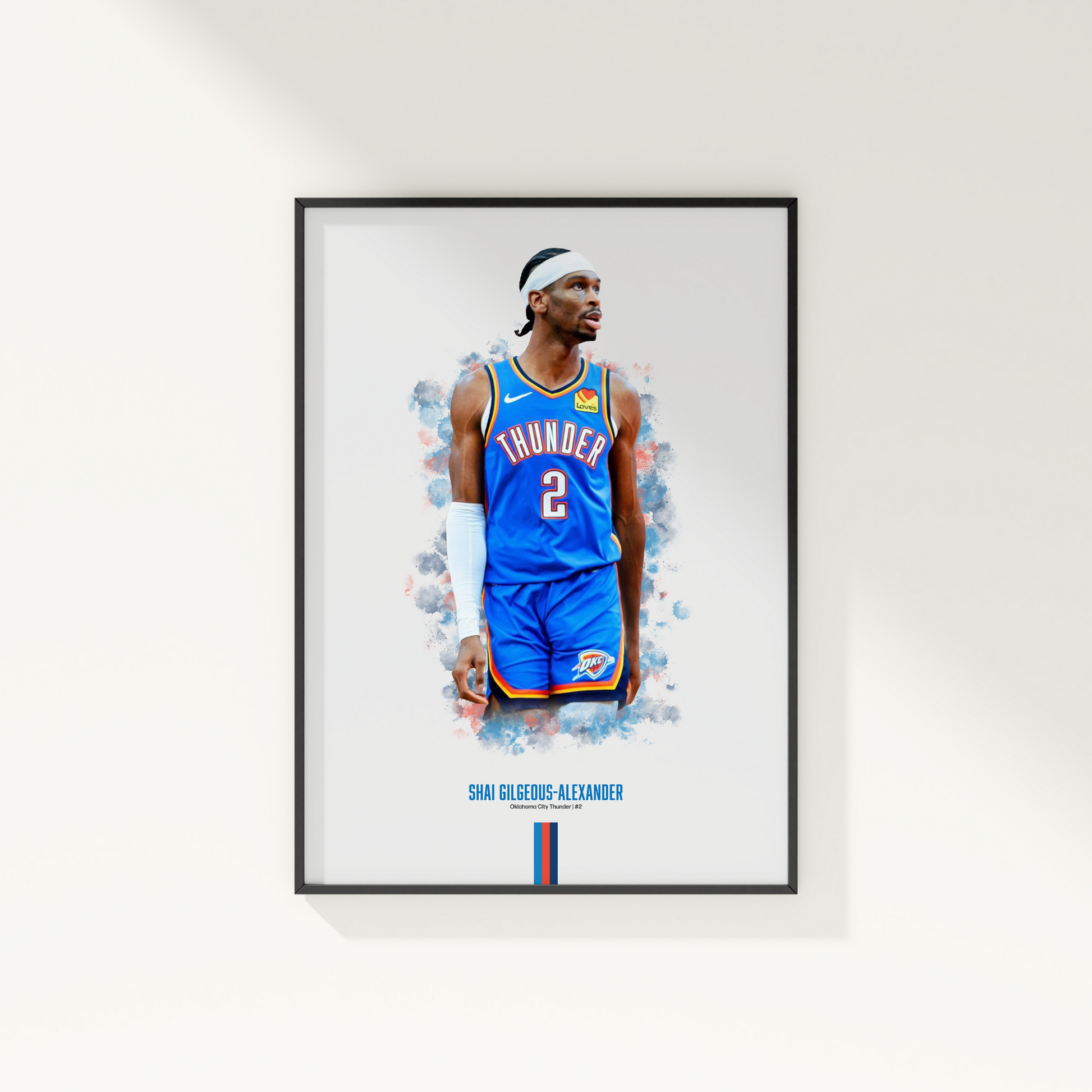 framed poster mockup of basketball player shai gilgeous-alexander hanging on a white wall