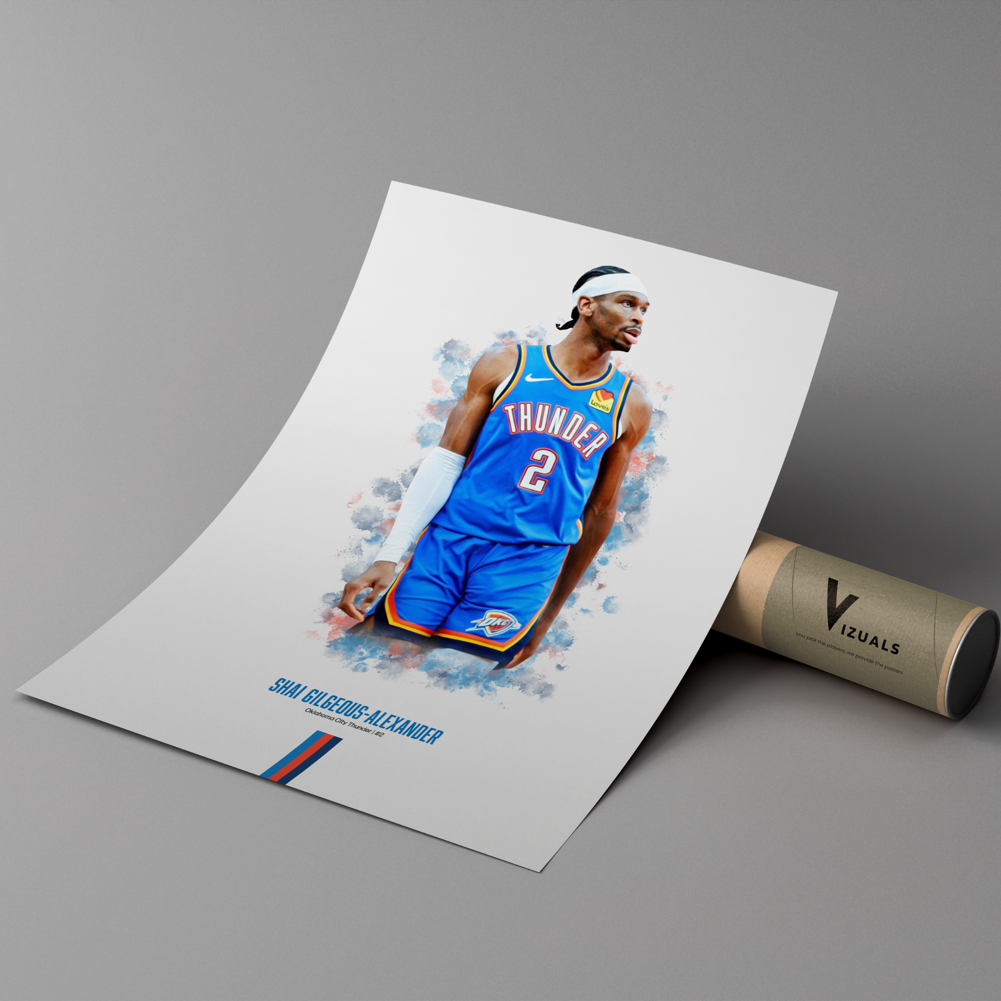 poster mockup of basketball player shai gligeous-alexander leaning on a cardboard tube