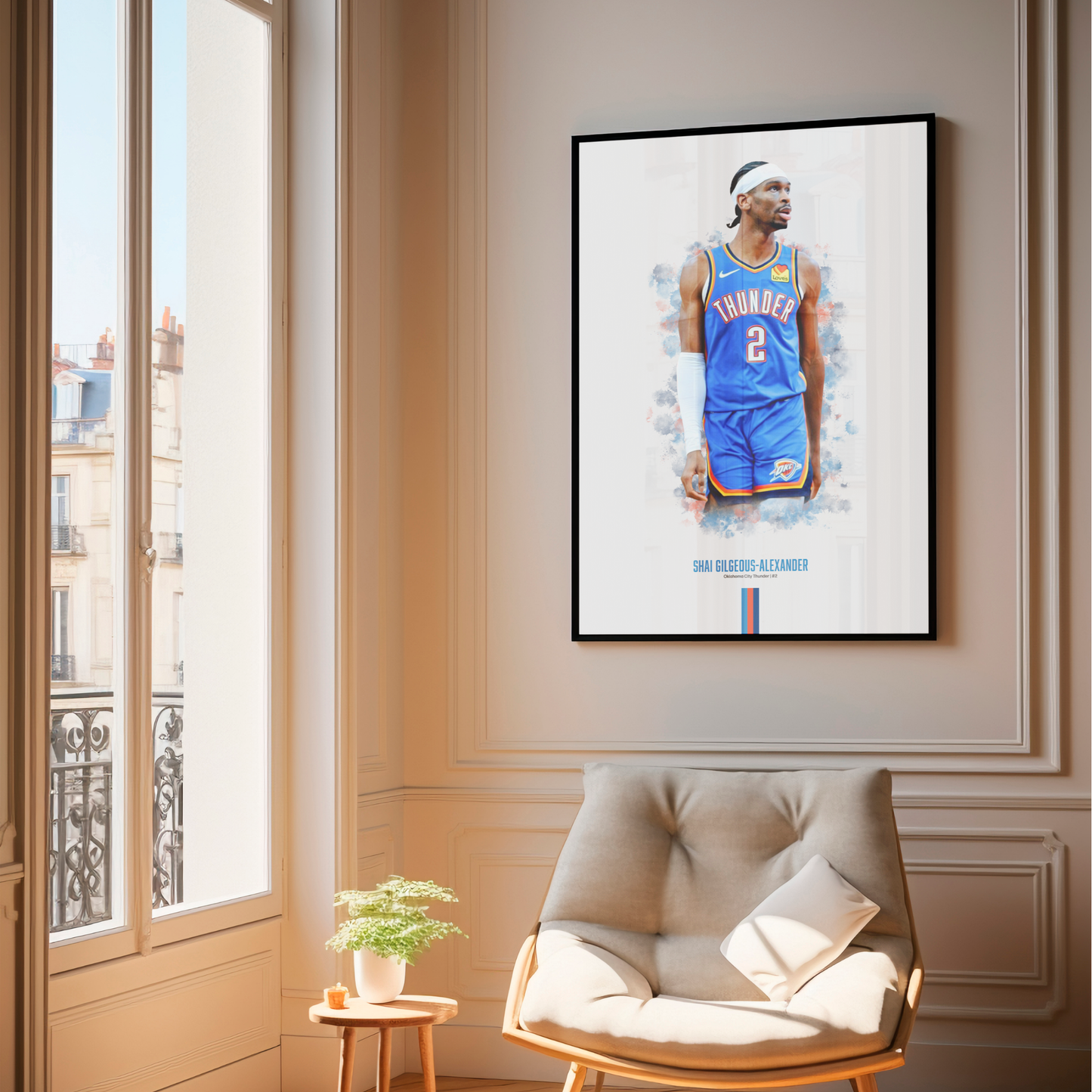 framed poster mockup of basketball player shai gligeous-alexander hanging in a living room