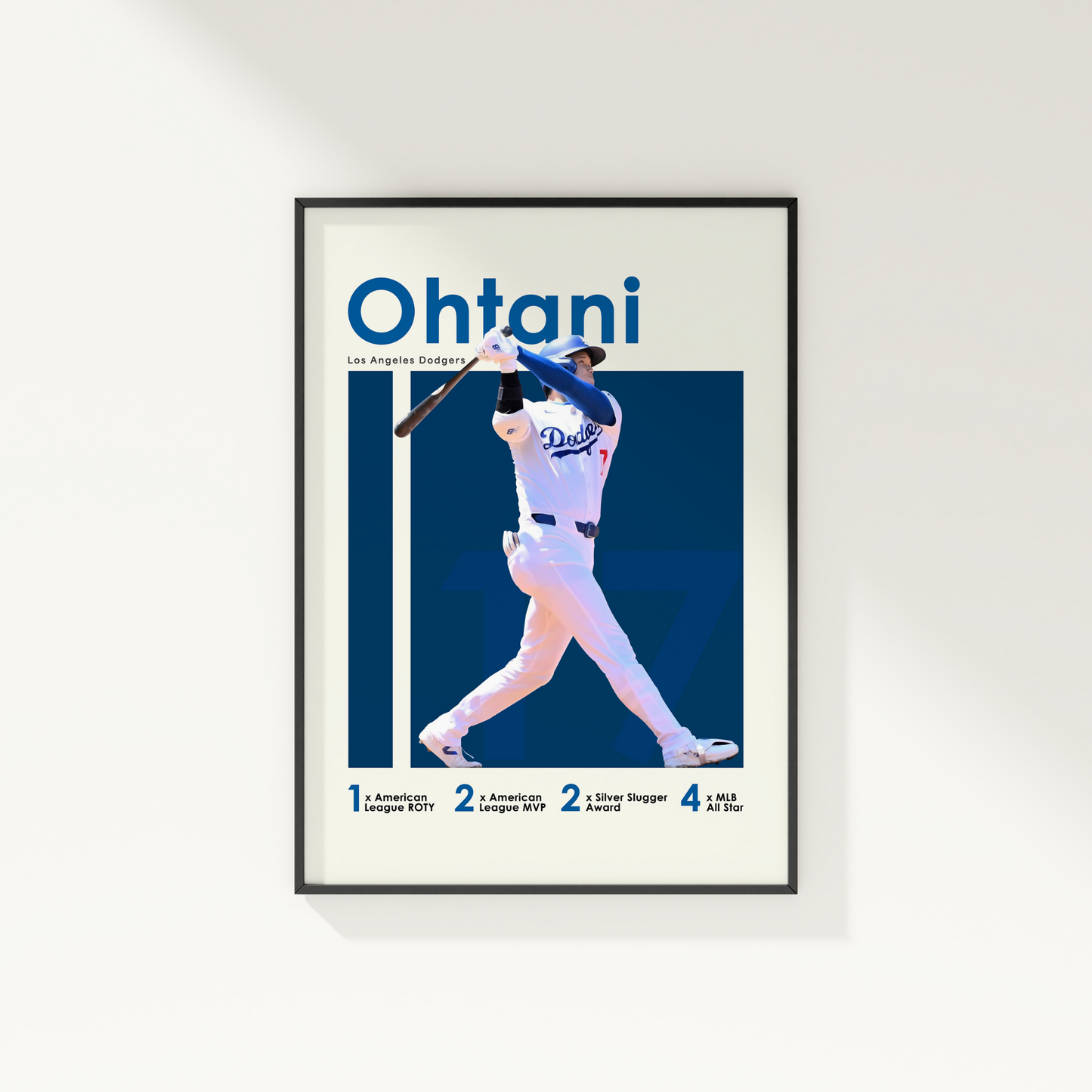 framed poster mockup of baseball player shohei ohtani hanging on a white wall