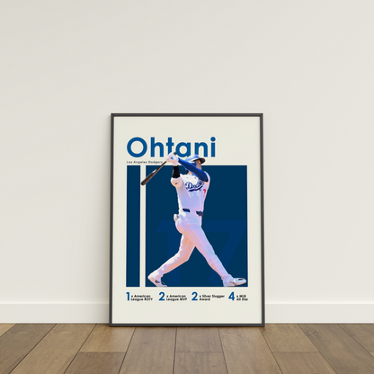 framed poster mockup of baseball player shohei ohtani leaning on a white wall