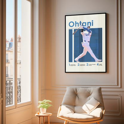 framed poster mockup of baseball player shohei ohtani hanging in a living room