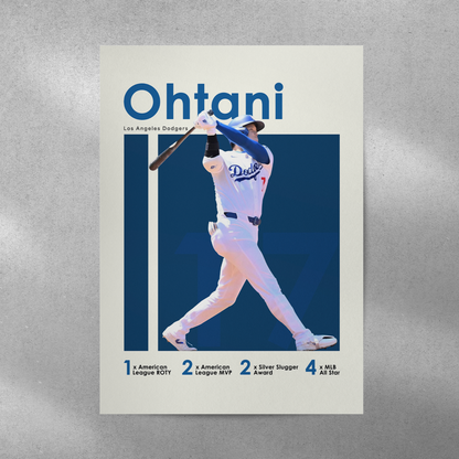 poster mockup of baseball player shohei ohtani on a grey wall