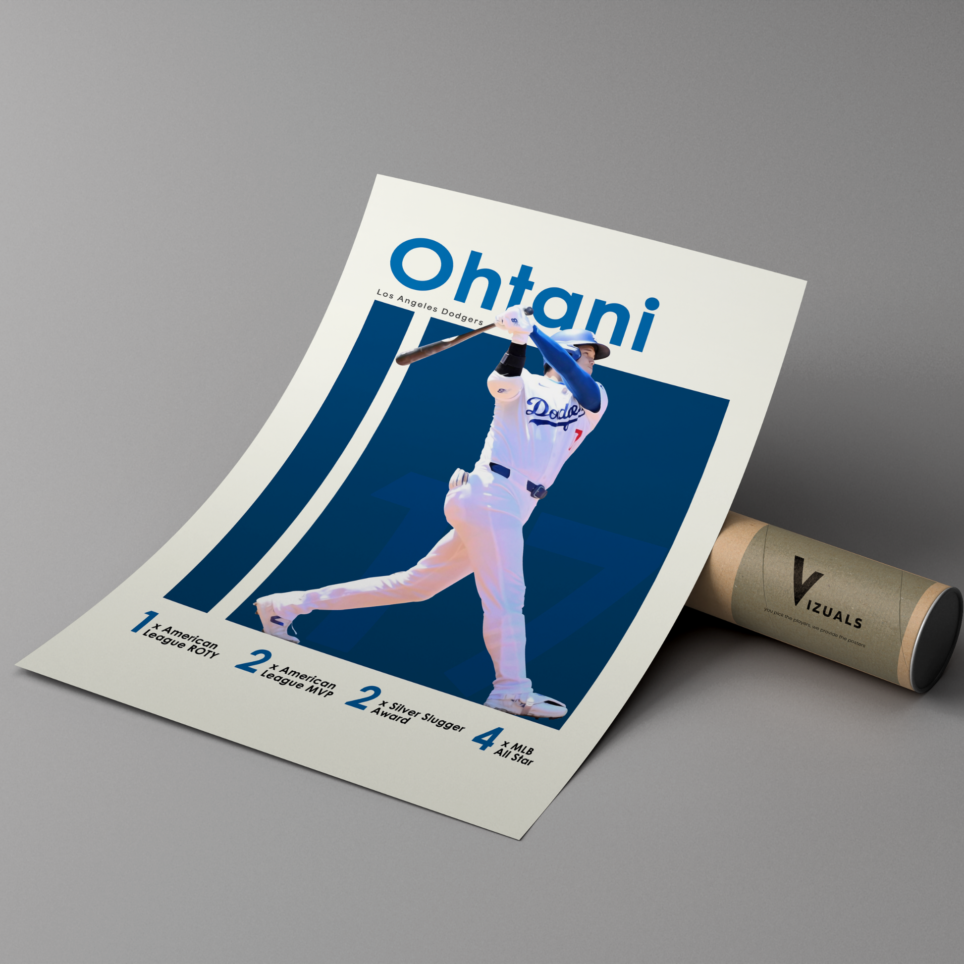 poster mockup of baseball player shohei ohtani leaning on a cardboard tube