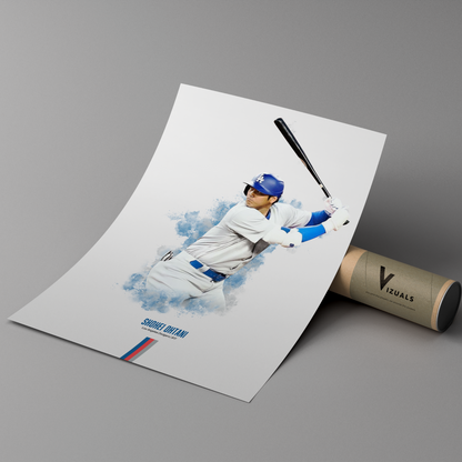 poster mockup of baseball player shohei ohtani leaning on a cardboard tube