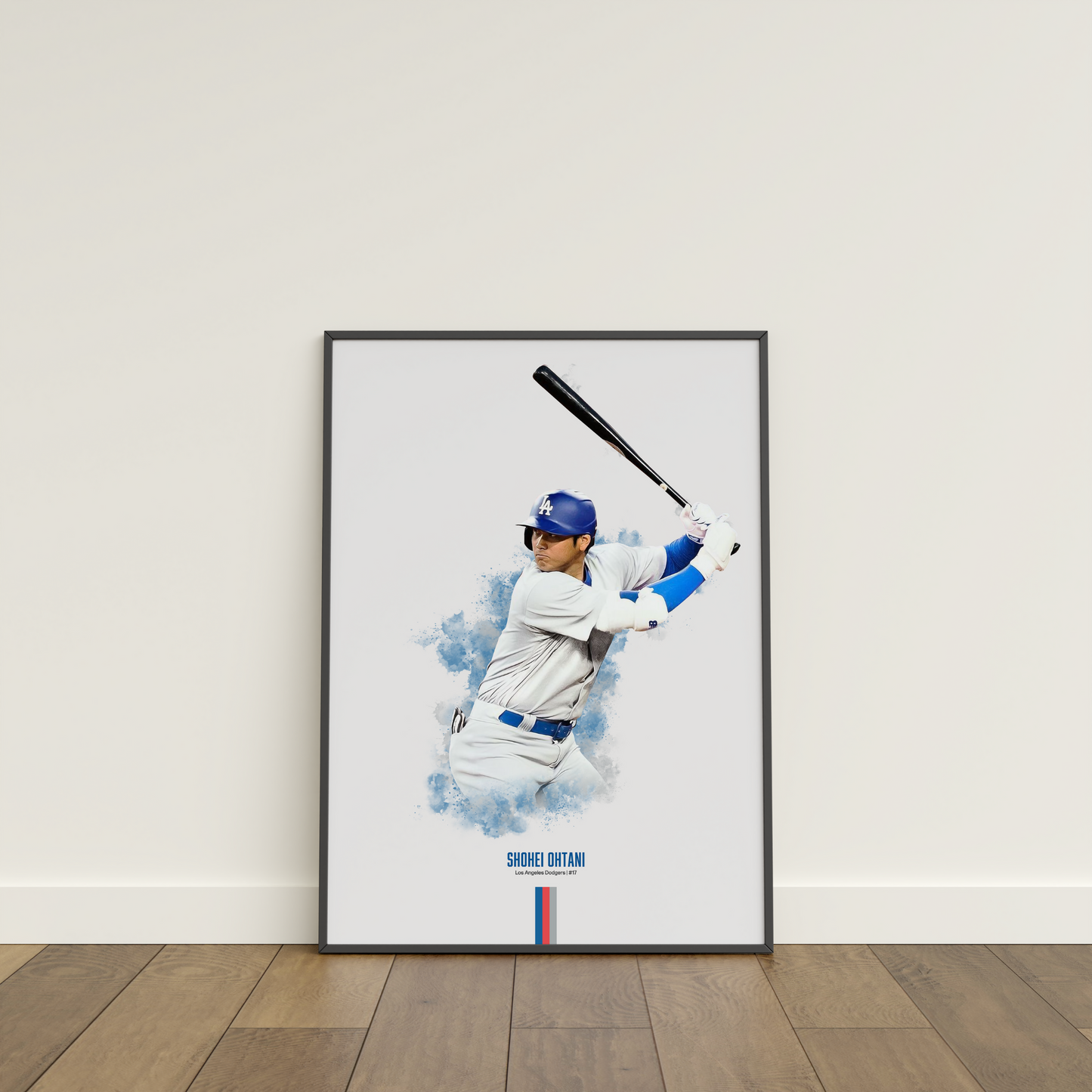 framed poster mockup of baseball player shohei ohtani leaning on a white wall