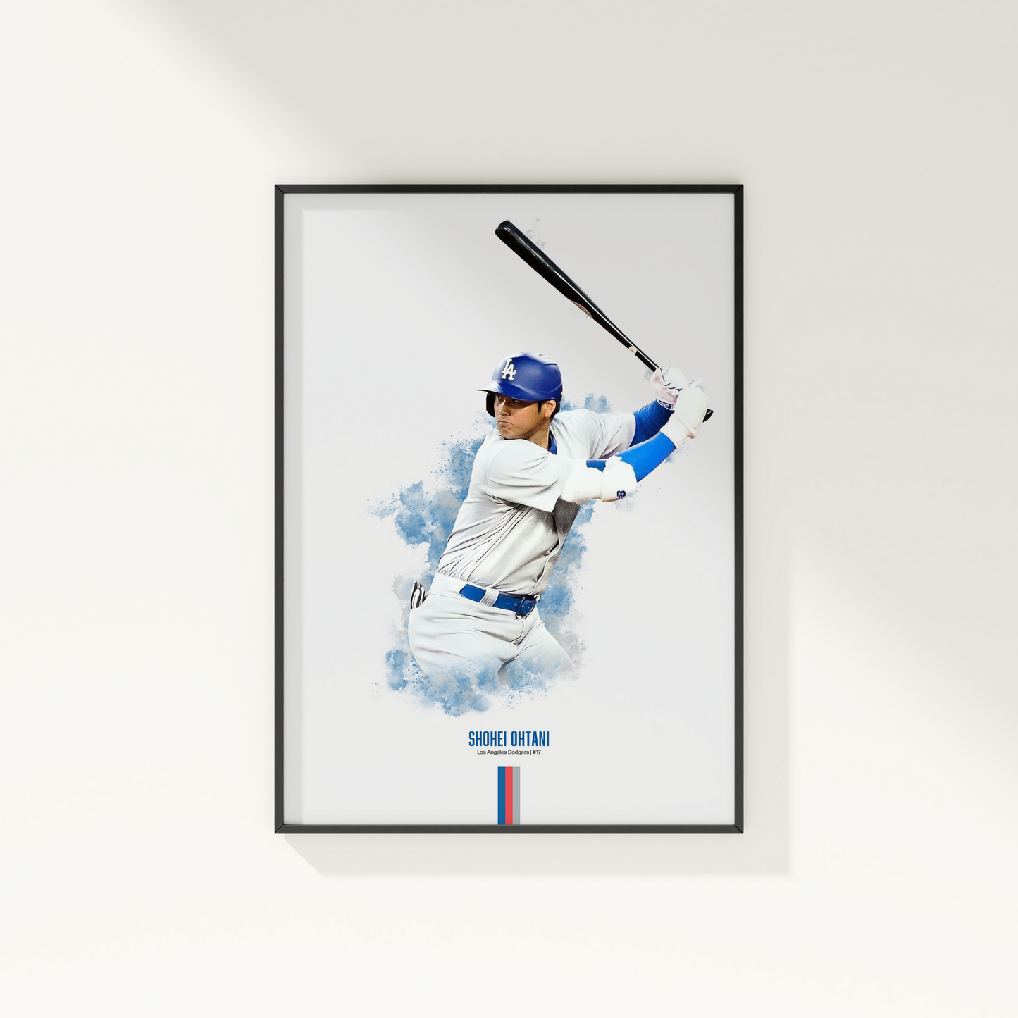 framed poster mockup of baseball player shohei ohtani hanging on a white wall