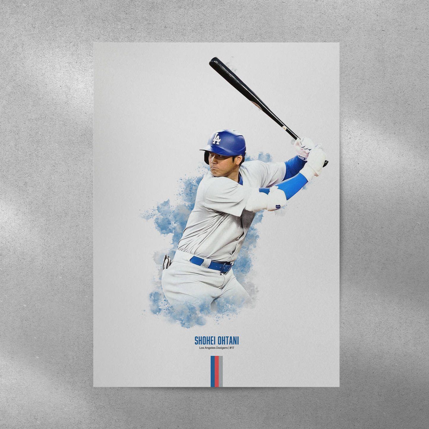 poster mockup of baseball player shohei ohtani on a grey wall