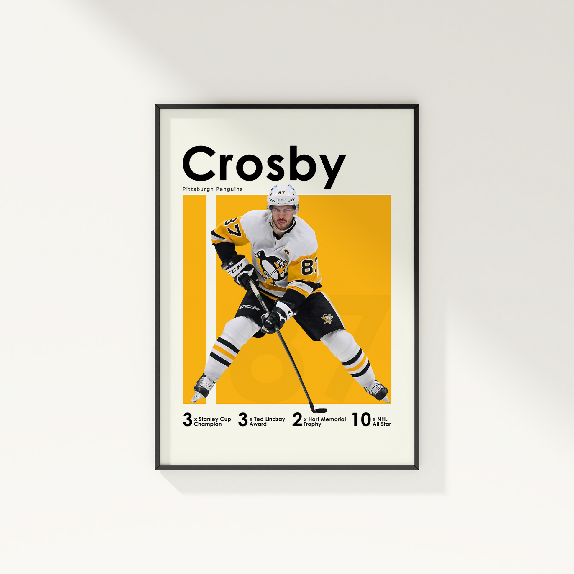 framed poster mockup of hockey player sidney crosby hanging on a white wall