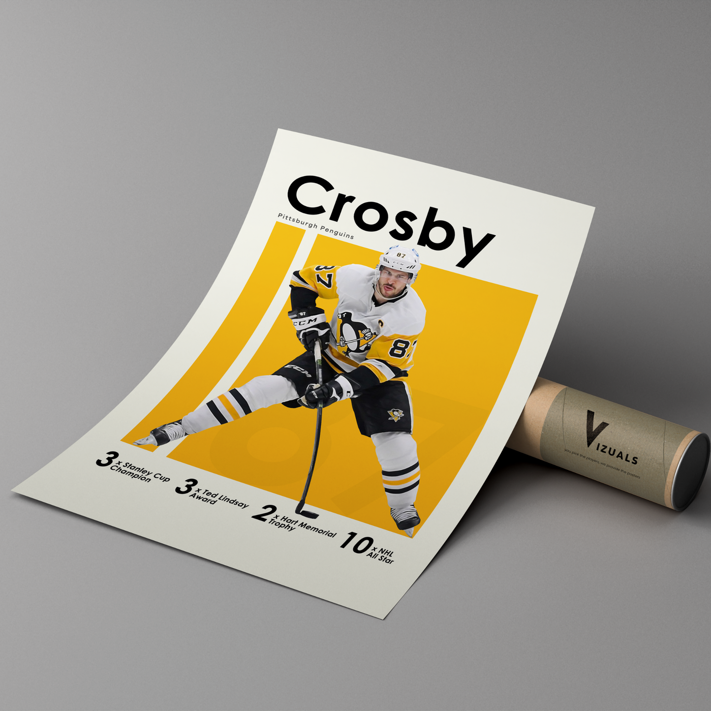 poster mockup of hockey player sidney crosby leaning on a branded cardboard tube