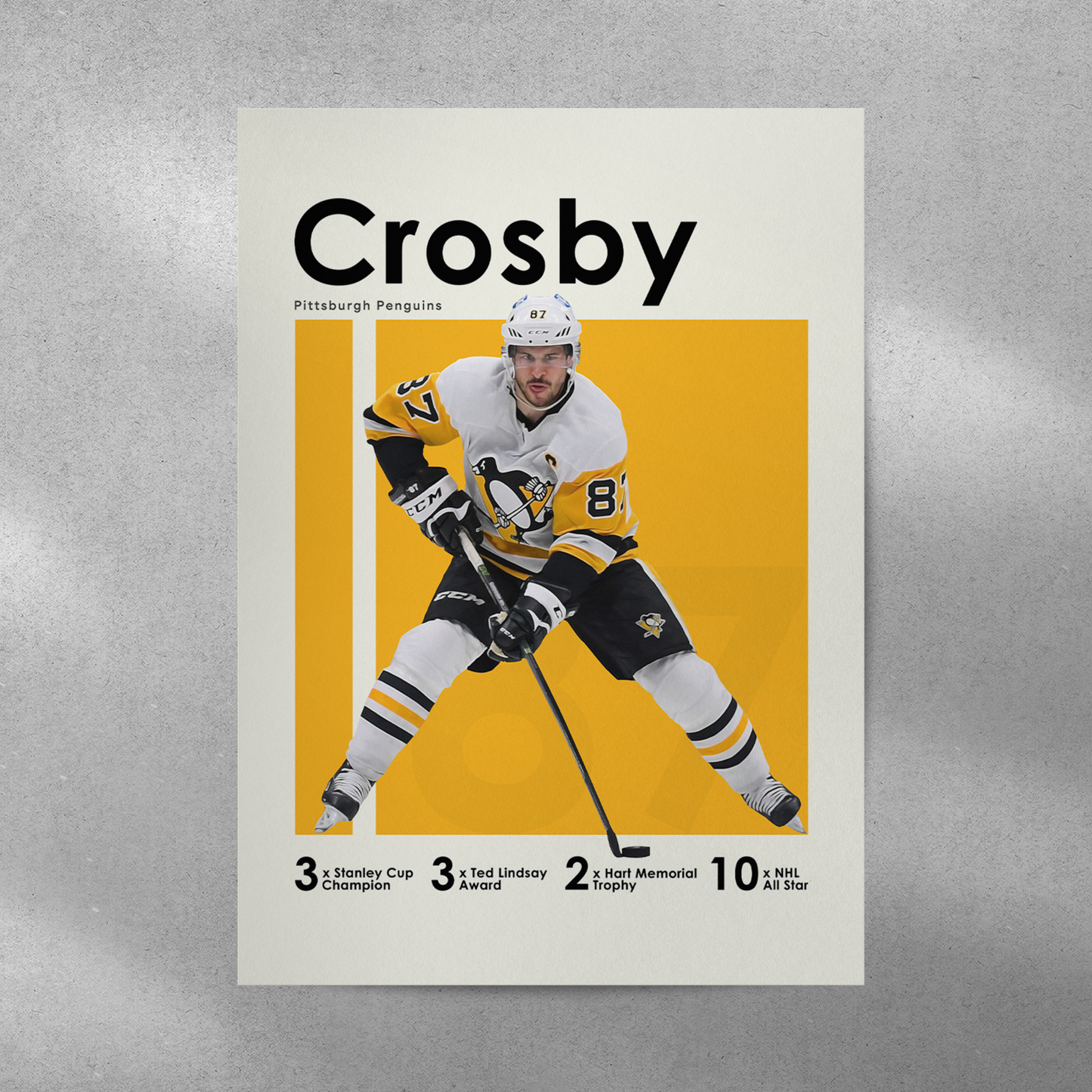 poster mockup of hockey player sidney crosby on a grey wall