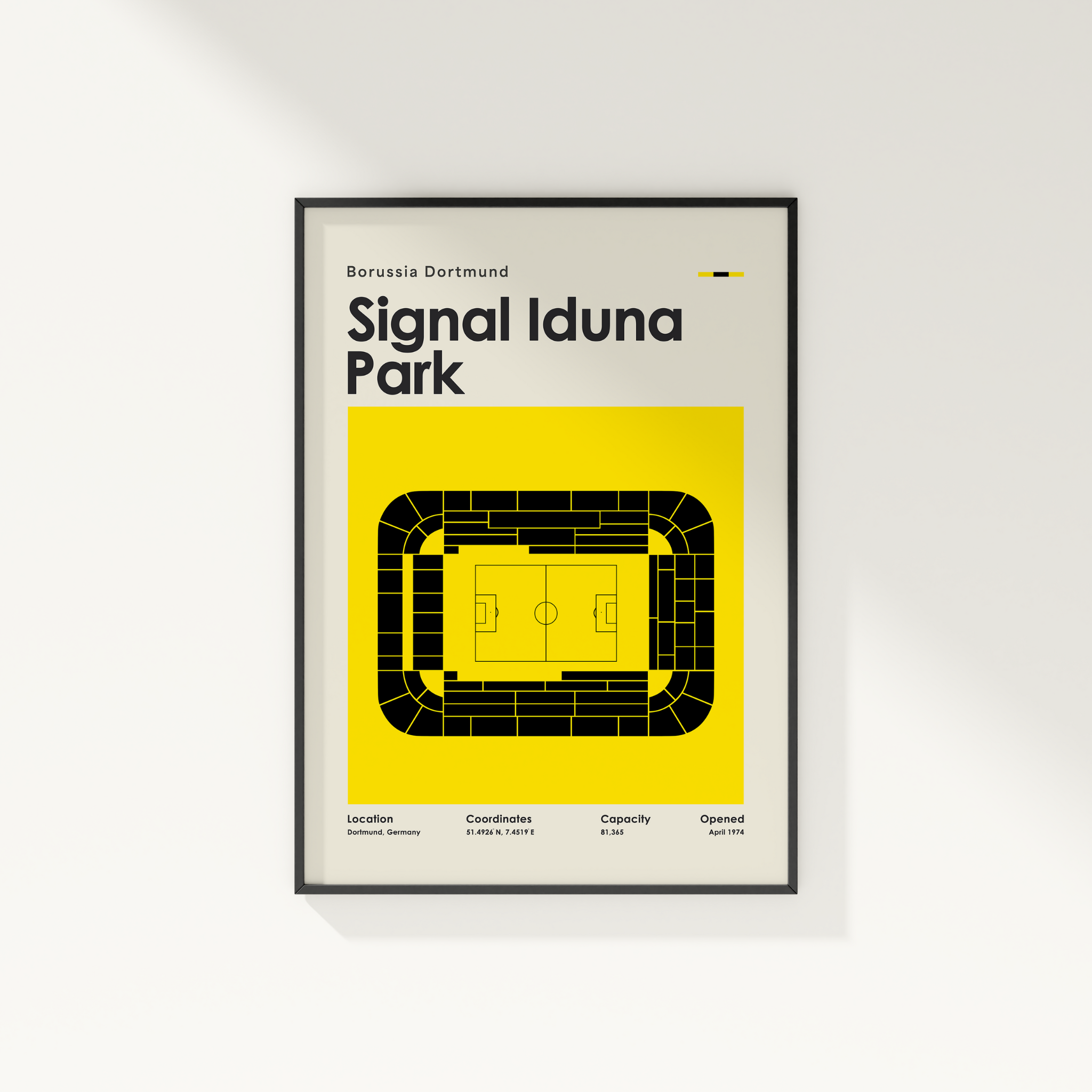 Framed poster of Signal Iduna Park with a yellow background and black text.
