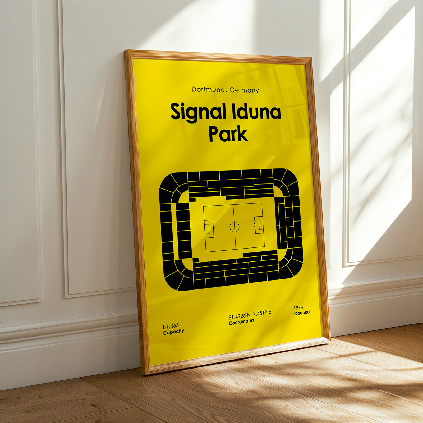 Framed poster of Signal Iduna Park in Dortmund, Germany on a wall.